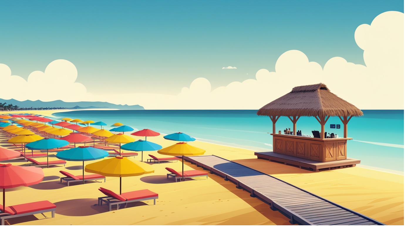 Illustrazione di uno stabilimento balneare con ombrelloni e chiosco